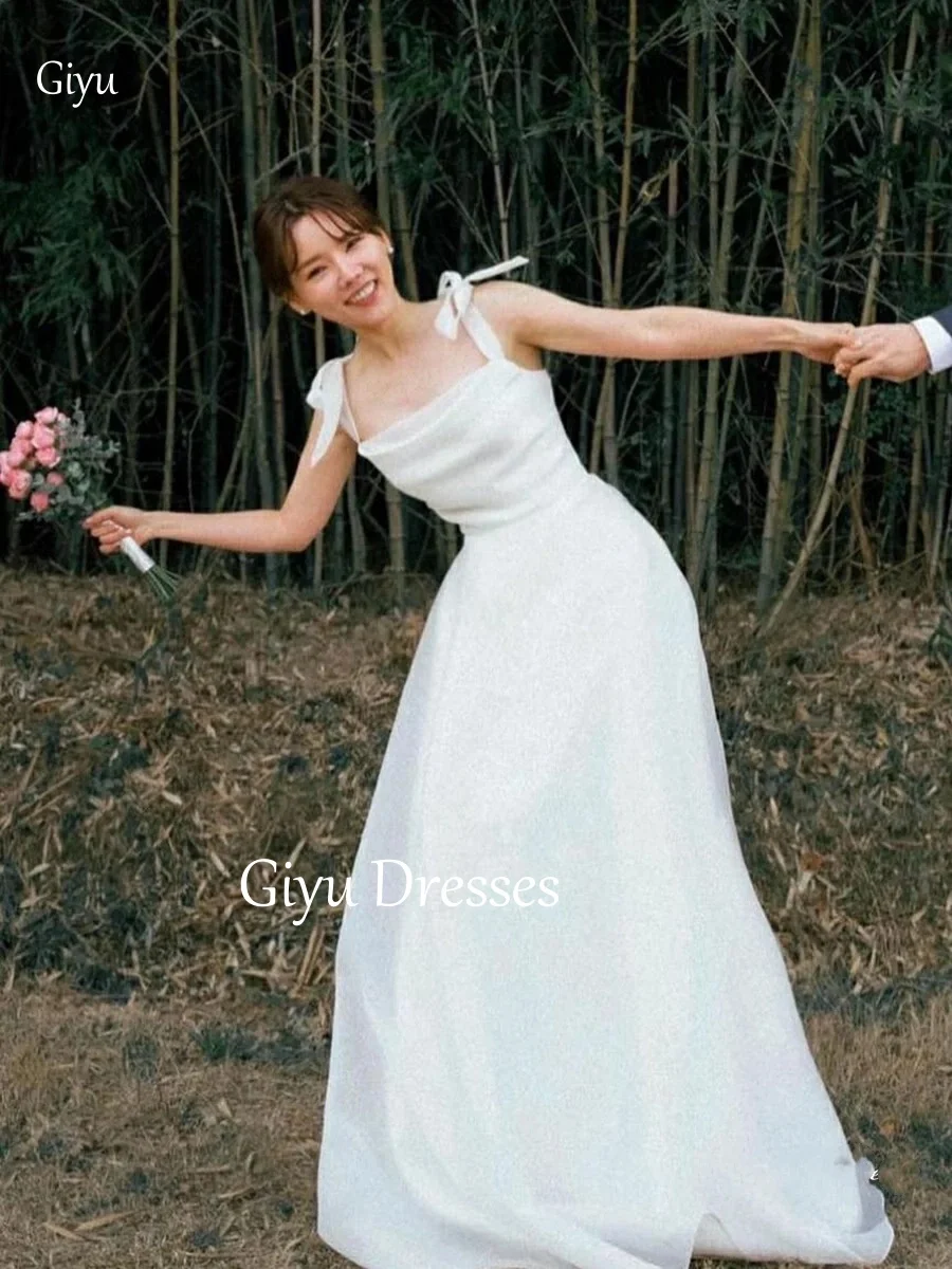 Giyu Elegant White Chiffon Wedding Dress Spaghetti Strap Square Neck Korean Photography Women Formal Bridal Gowns Customized