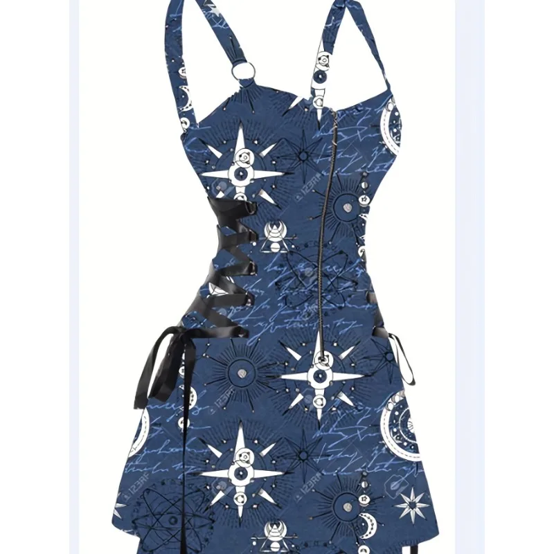 Galaxy Print Slip Dress - Strapless Backless Braid Detailing, Polyester Woven Sexy Party Dress for Women Summer Random Printing