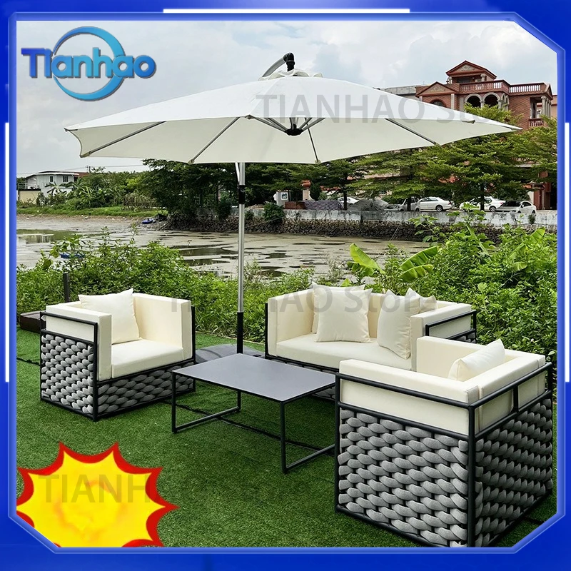Webbing Sofa Set for Nordic Outdoor Furniture Courtyard Seaside Beach Villa Garden Aluminum Coffee Table Chair