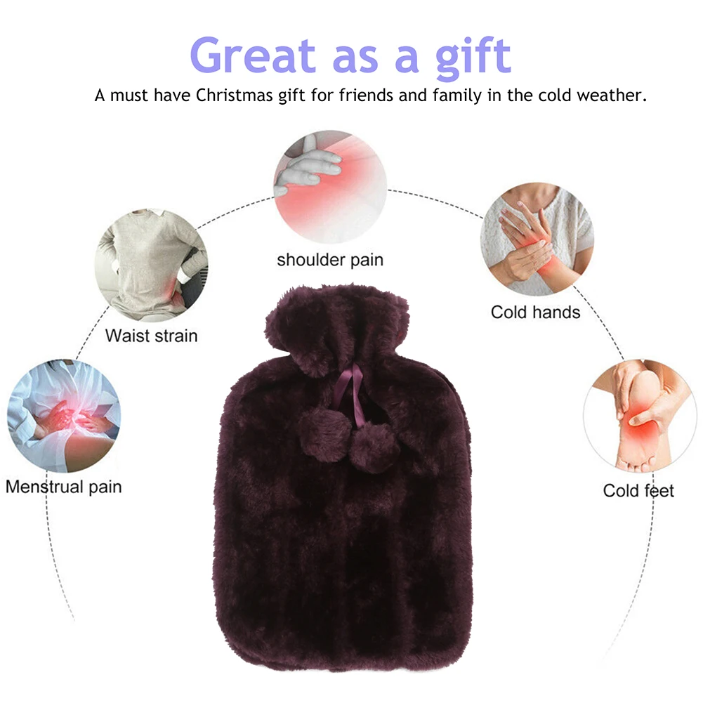 A preservação do calor 2000ml cobre a garrafa de água quente de pelúcia à prova de frio protetora com bola de cabelo capa de saco de água quente macia para o inverno
