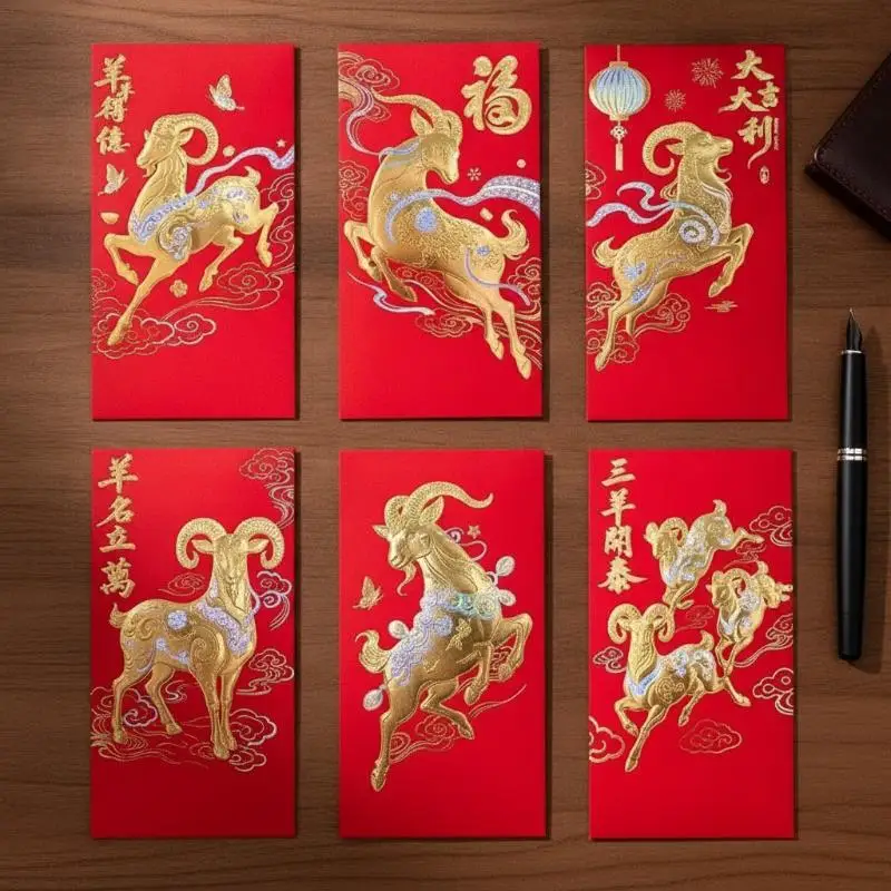 2027 Year of Sheep Red Envelopes 6Pcs Cute Pattern Lucky Money Pockets Spring Festival Blessing Gifts for Kids Adults