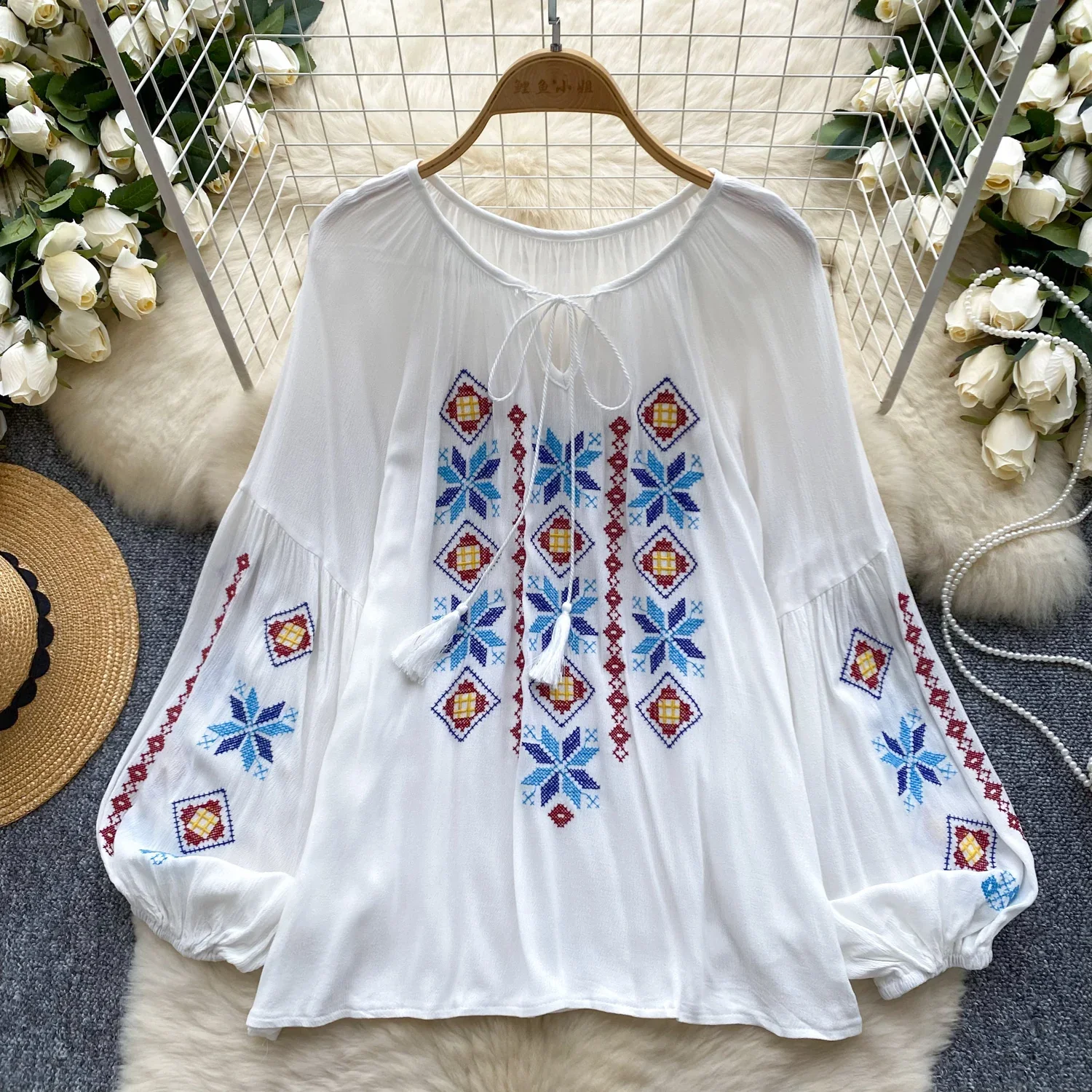 Vintage Elegant Embroidery Lantern Sleeve Blouse Fashion O-neck  Shirt  Casual Chic Top Fairy  Summer Women