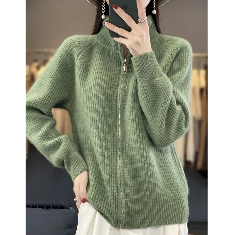 DjzDsm Autumn And Winter New Women's Stand Collar Zipper 100% Merino Pure Wool Cardigan Thick Fashion Wool Top Knitted Coat