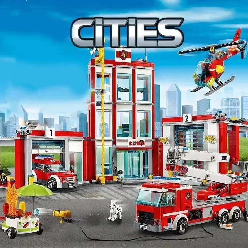 City Fire Station Helicopter Truck Garage Firehouse Building Blocks Set Bricks Compatible 60110 Model Festival Party Gift