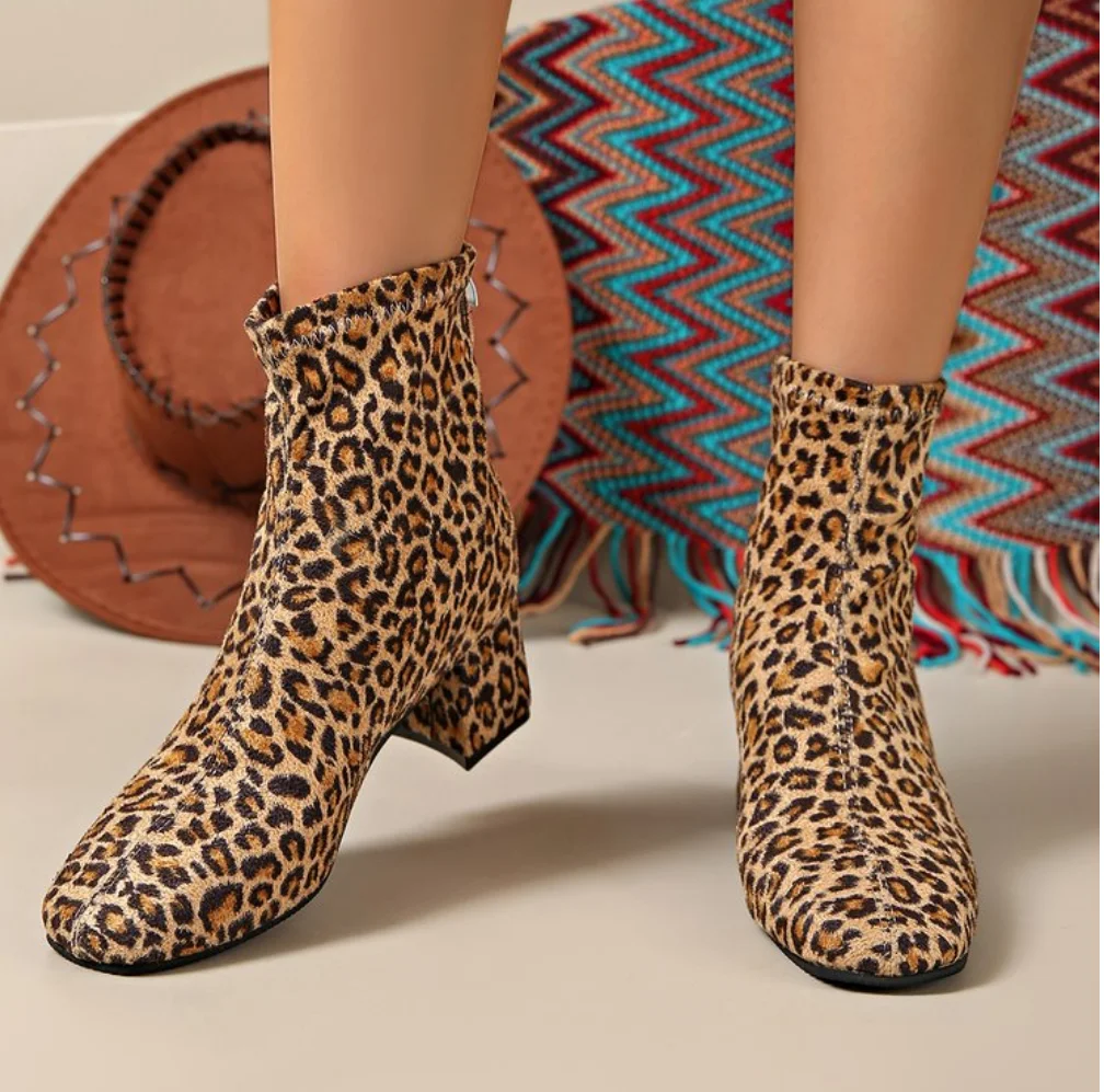 Women Leopard Chunky Ankle Boots Sexy High Heels Fahsion Shoes Woman 2025 Retro Chelsea Boots Winter Pumps Botas Mujer Size43