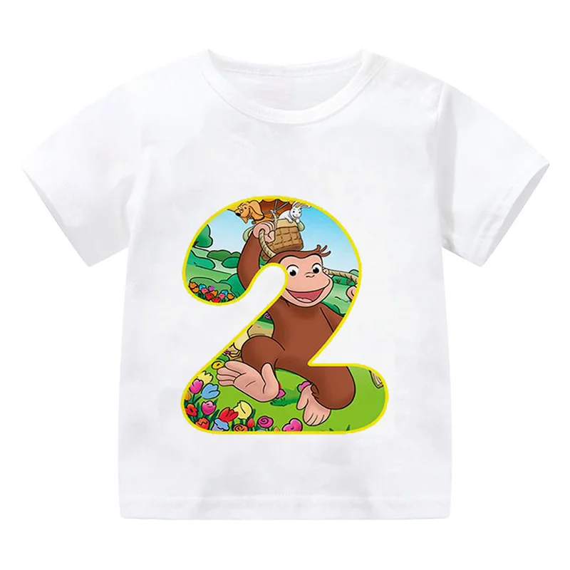 Curious George Monkey Print Children Tshirt Boy Girl Clothing 1-9 Years Old Birthday Number Cartoon Cute Summer Kid Baby Tee Top