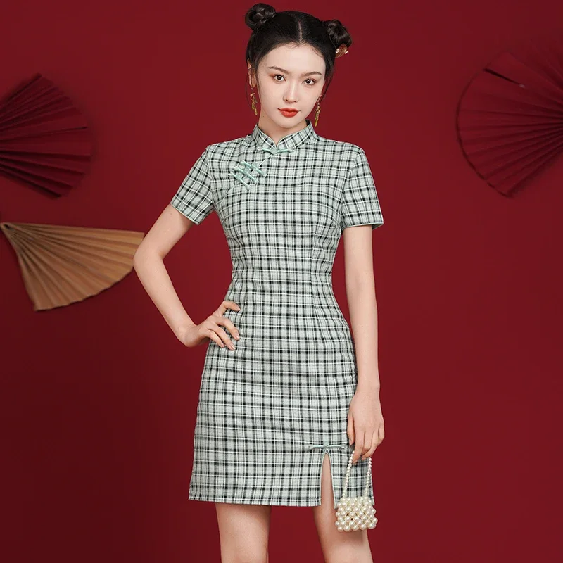 

Summer Short Sleeves Women's Cheongsam Fashion Plaid Qipao Dress Modern Evening Gown asian dress