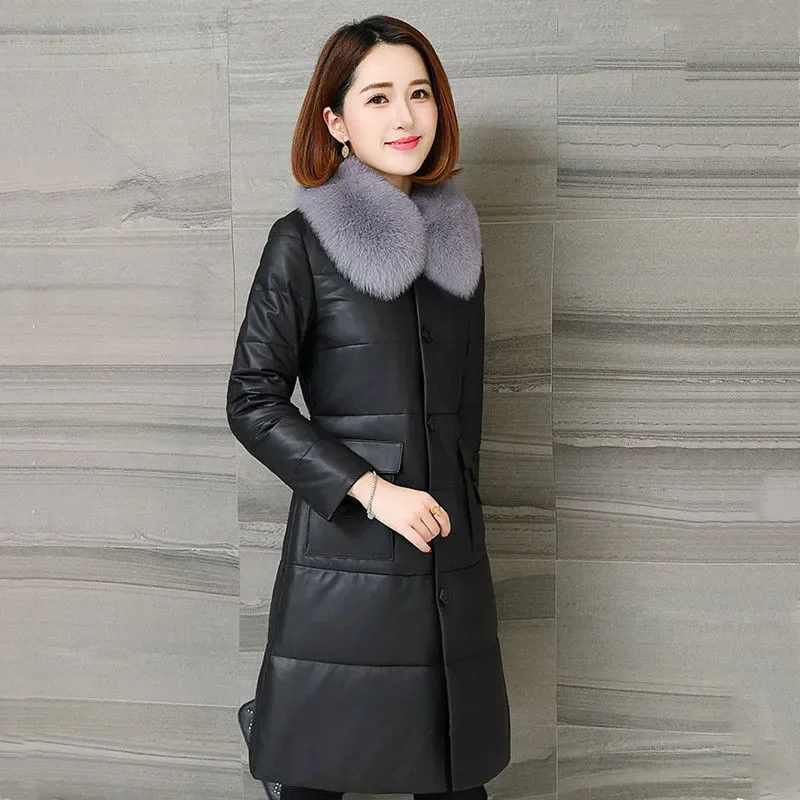 

Imitation Fox Fur Collar Leather Jacket Women's Overcoat Winter Thicke Warm Parker Coat PU Leather Slim Mid-Length Cotton Jacket