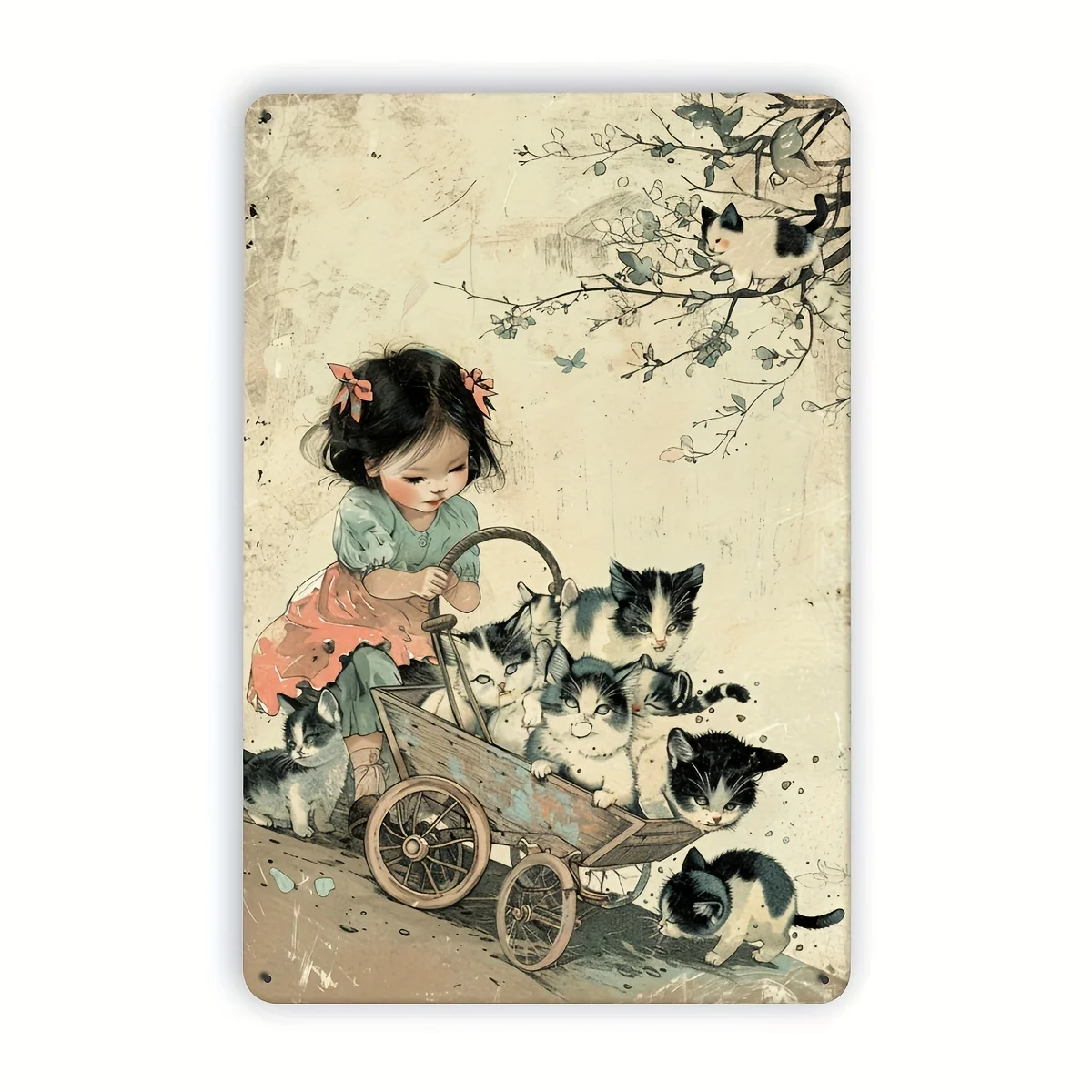 2D Flat, Girl and Cat Vintage Metal Tin Sign, Indoor Outdoor Decorative Hanging Tin Painting, Wall Room Residential Bedroom Rest