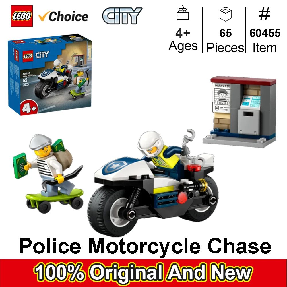 

LEGO 60455 City Police Motorcycle Chase Building Toy for Kids - Pretend Play Building Blocks for Boys&Girls,Gift for Birthdays