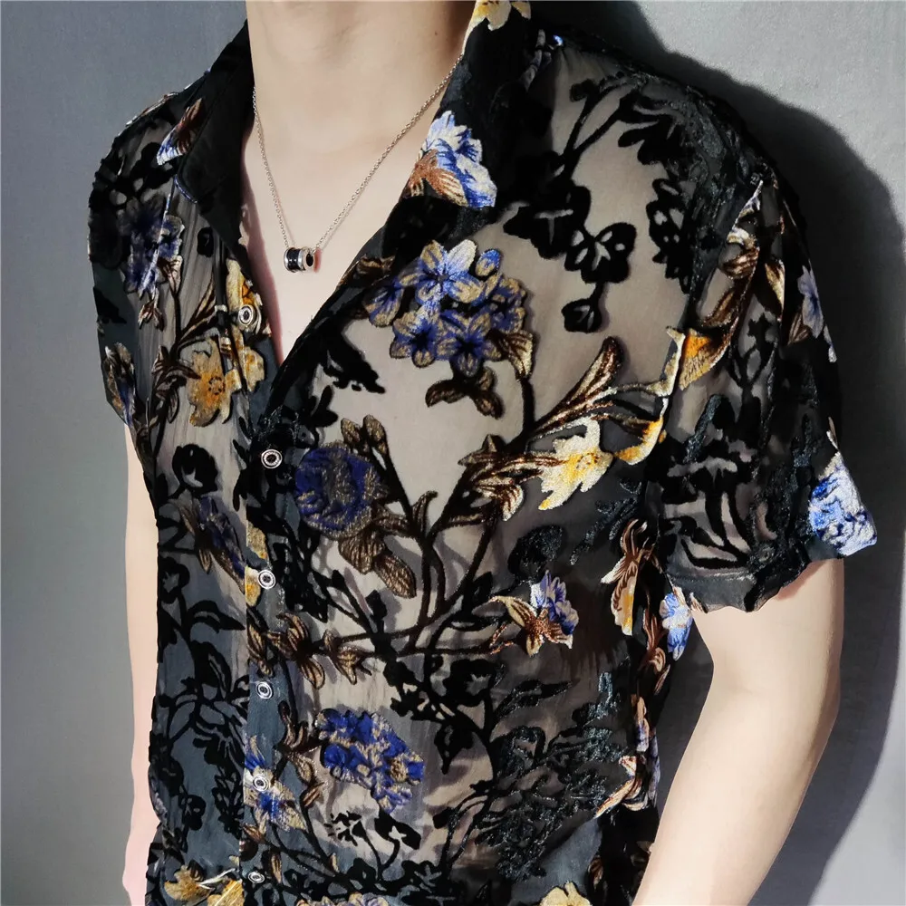 Colorful Flowers Pattern Velvet Shirt Men Transparent Short Sleeve Sexy Shirt 2022 Social Club Outfits Party Men Designer Shirt