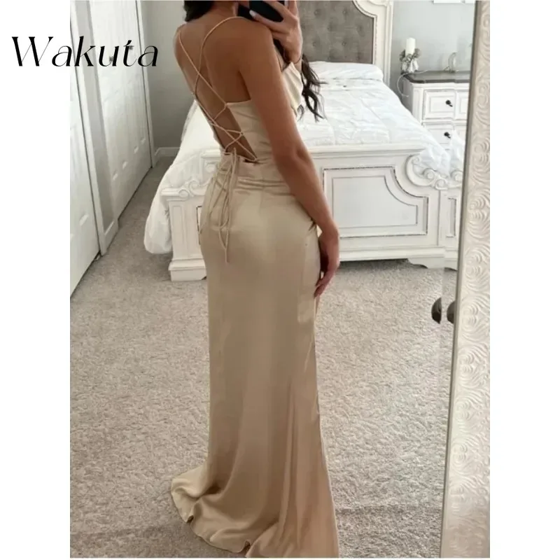 Wakuta-Bata de satén sin tirantes para madre del novio, vestido de noche Sexy, plisado clásico, dividido, Formal, para fiesta de graduación, Mego