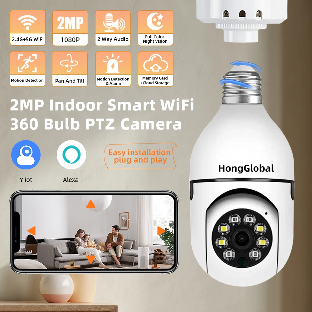 HongGlobal 2MP Night Vision PTZ IP 360 Wireless WiFi Bulb Camera Yiiot Monitor 5G WiFi Surveil CCTV Bulb Home Security Camera