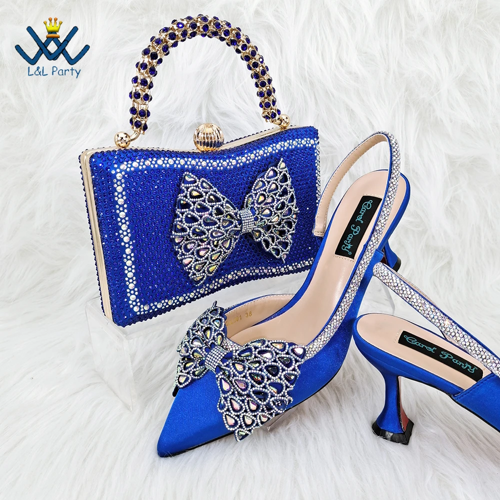 Novelty Style Special Italian Design  Women Shoes Matching Bag Set in Royal Blue Color with Shinning Crystal for Garden Party