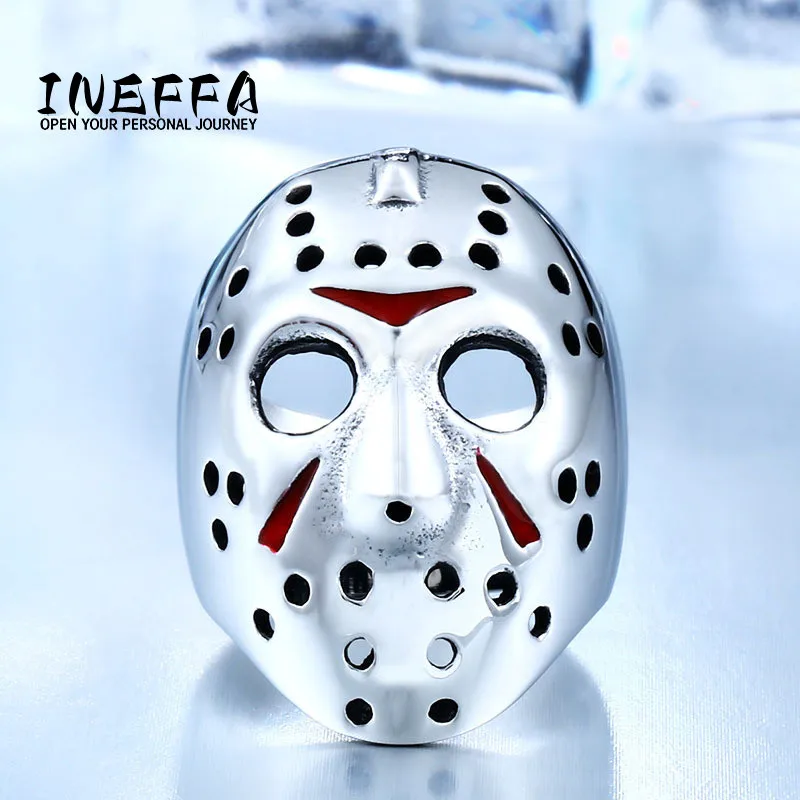 INEFFA Film Television Dominant Trend Stainless Steel Ring Jason Mask Drip Glue Men\'s Titanium Steel Rings Men Jewelry Wholesale