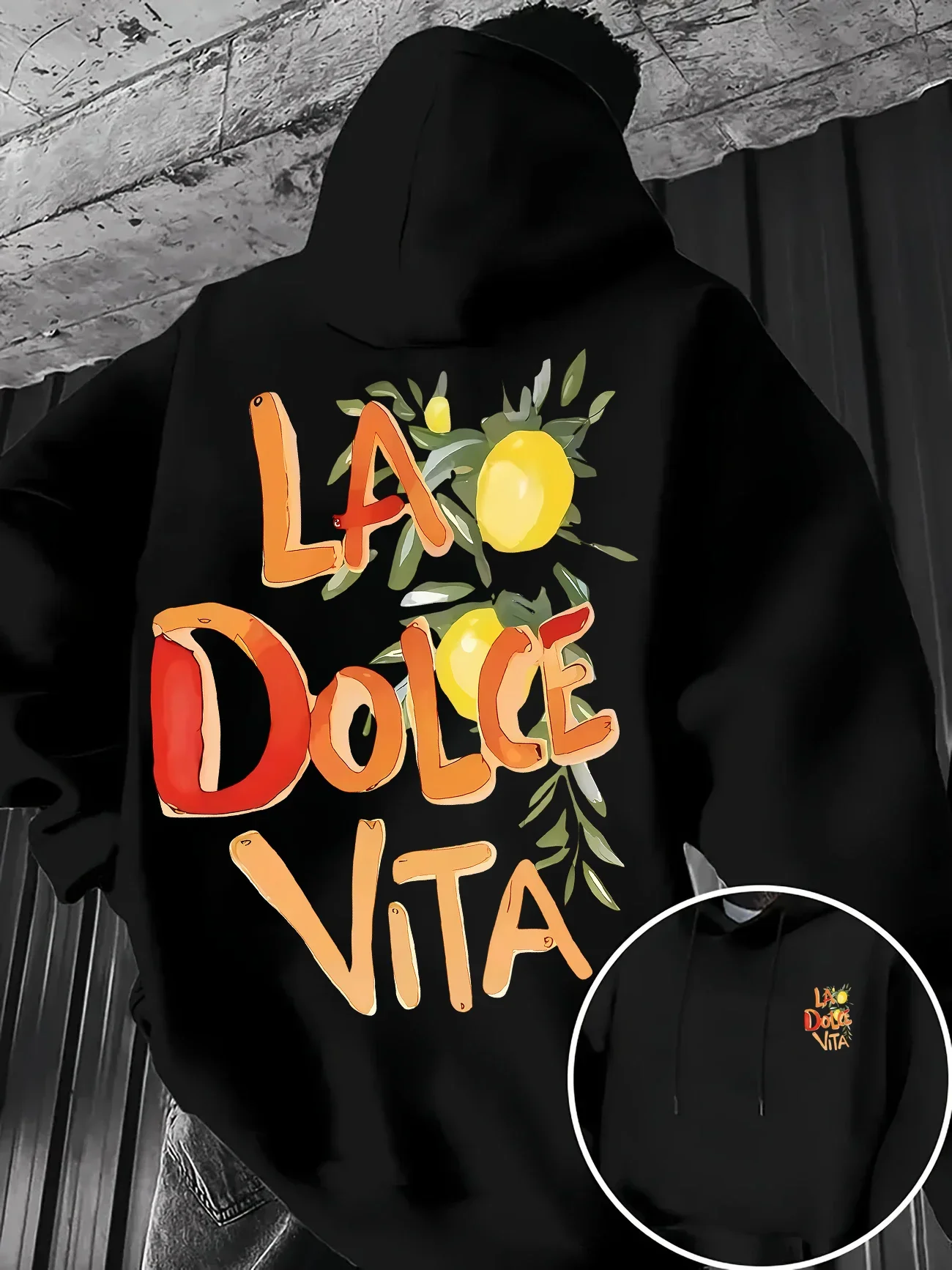 Men's hooded sweatshirt with watercolor lemon leaf pattern design, suitable for casual wear in autumn and winter.