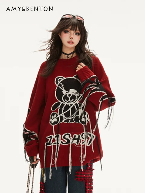 

Harajuku Cartoon Printed Fringed Knitted Sweater Women Preppy Style Retro Oversized Sweaters Autumn Winter New Subculture Jumper