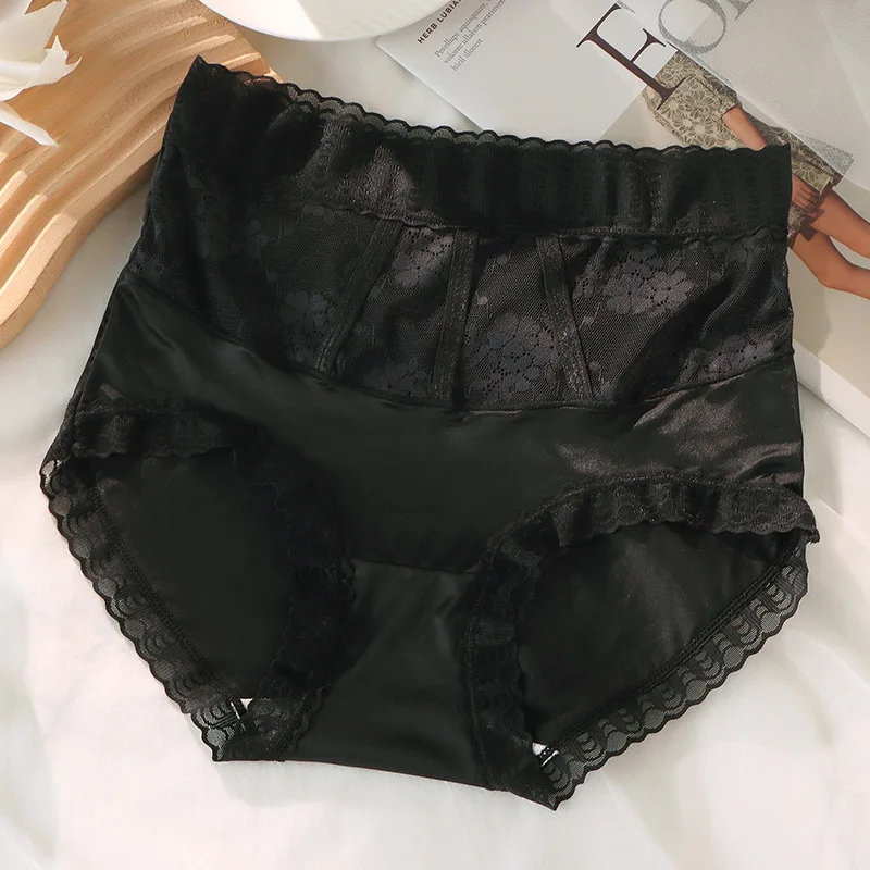 Hollow Lace High Waist Women Panties Patchwork Pure Cotton Silk Crotch Plus Size Female Triangle Underwear