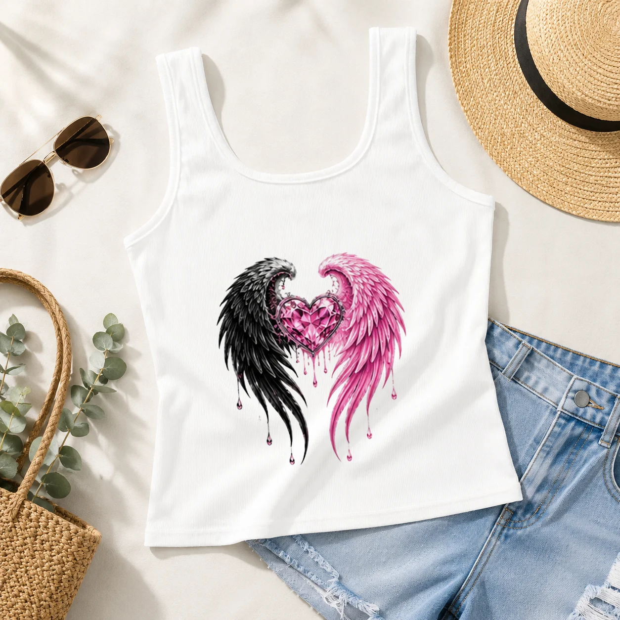 Angel Wings Printed Graphics O-Neck Ribbed Tank Top Casual Sleeveless Crop Tops For Spring & Summer Women's Clothing Female 2026