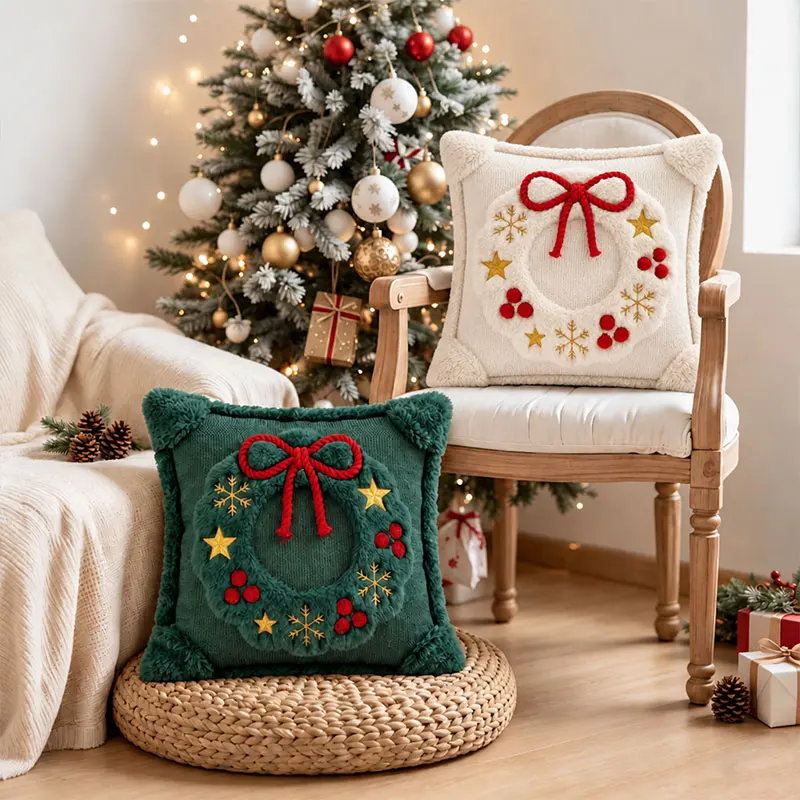 1/2pcs Plush Christmas Wreath Pillow Covers Star Bow Christmas Decoration Cushion Covers Red Green Xmas Home Living Room Decor