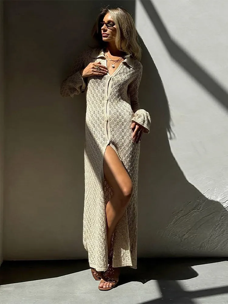 

Lapel Flare Sleeves Knitted Long Dress Woman Single Breasted Cinched Waist Slit Solid Color Dresses Elegant Fashion Women's Robe