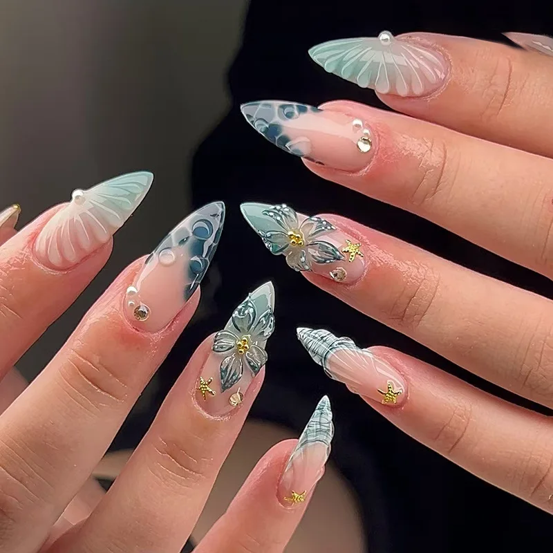 

24PCS Retro Blue 3D Flower Press on Nails with Glue Bubble Starfish Gradient French Fake Nails for Women Sweet Almond False Nail
