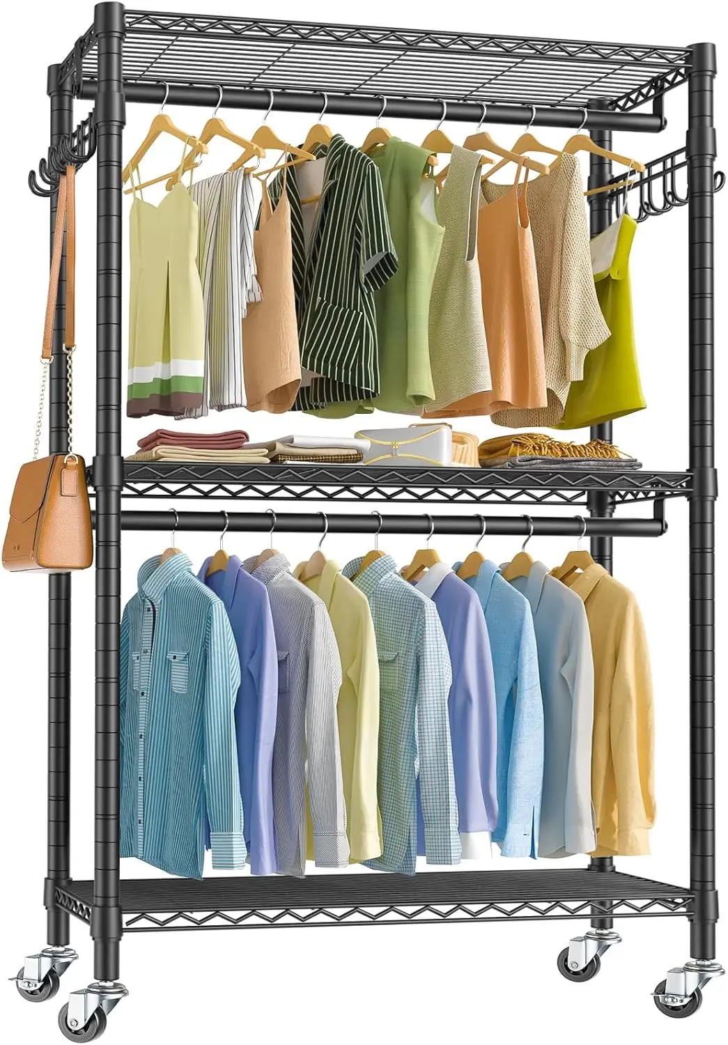 Garment Rack 3 Tiers Adjustable Wire Shelving Clothes Rack with Double Rods and Side Hooks, Freestanding Wardrobe Storage Rack M