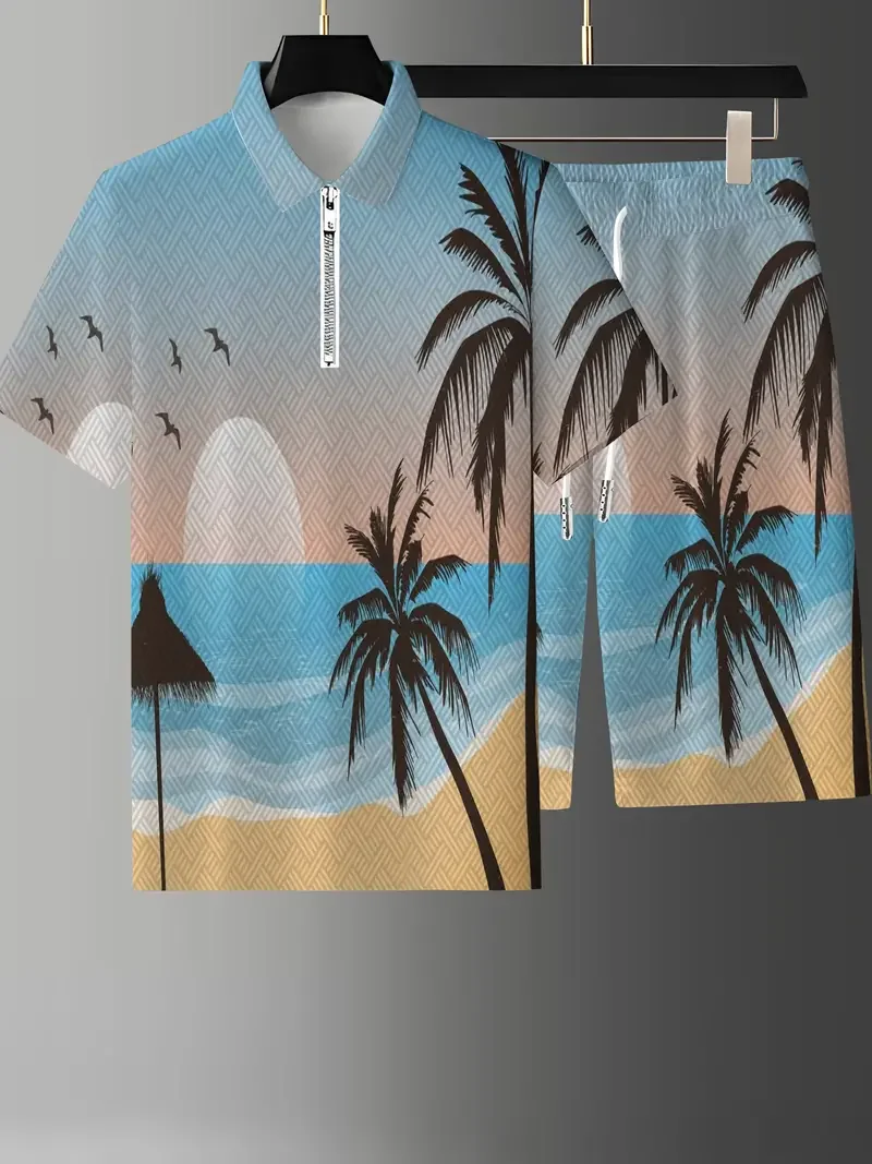 Zipper Polo Set Men's 3D Printed Coconut Tree Landscape Zipper POLO Shirt + Shorts 2-piece Fashion Casual Oversized Men's Wear