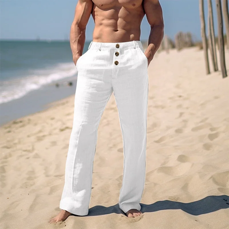 Pantaloni dritti con bottoni Vintage pantaloni da spiaggia traspiranti sottili in lino di cotone da uomo 2024 primavera estate nuovi pantaloni Casual in tinta unita