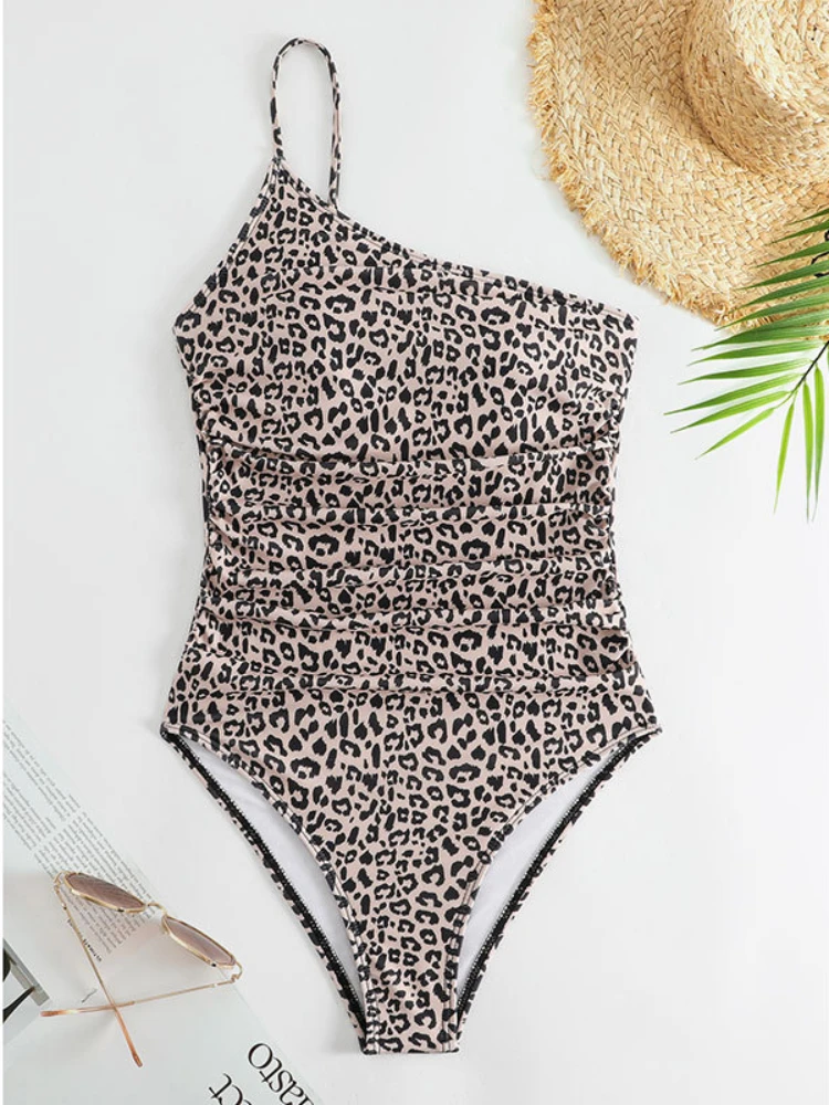 Beach Style Summer Women's Bikini Slant Shoulder Adjustable Straps Backless Slim High Waist Slim Female Leopard Trendy Swimsuits