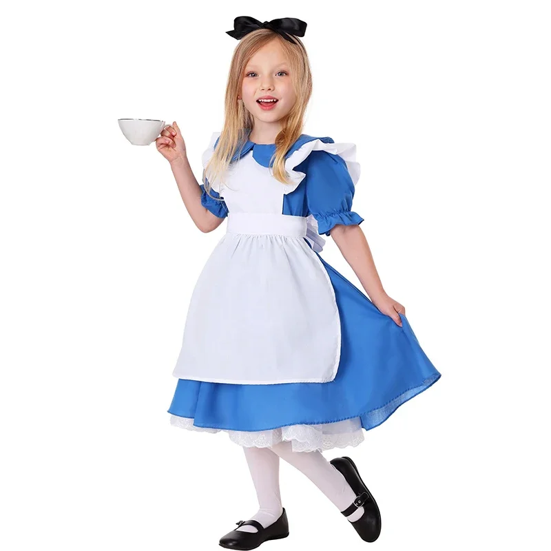 

Halloween Kid Alice In Wonderland Lolita Maid Cosplay Dress Children's Day Party Girls Anime Fancy Lace Trim Apron Costume Dress