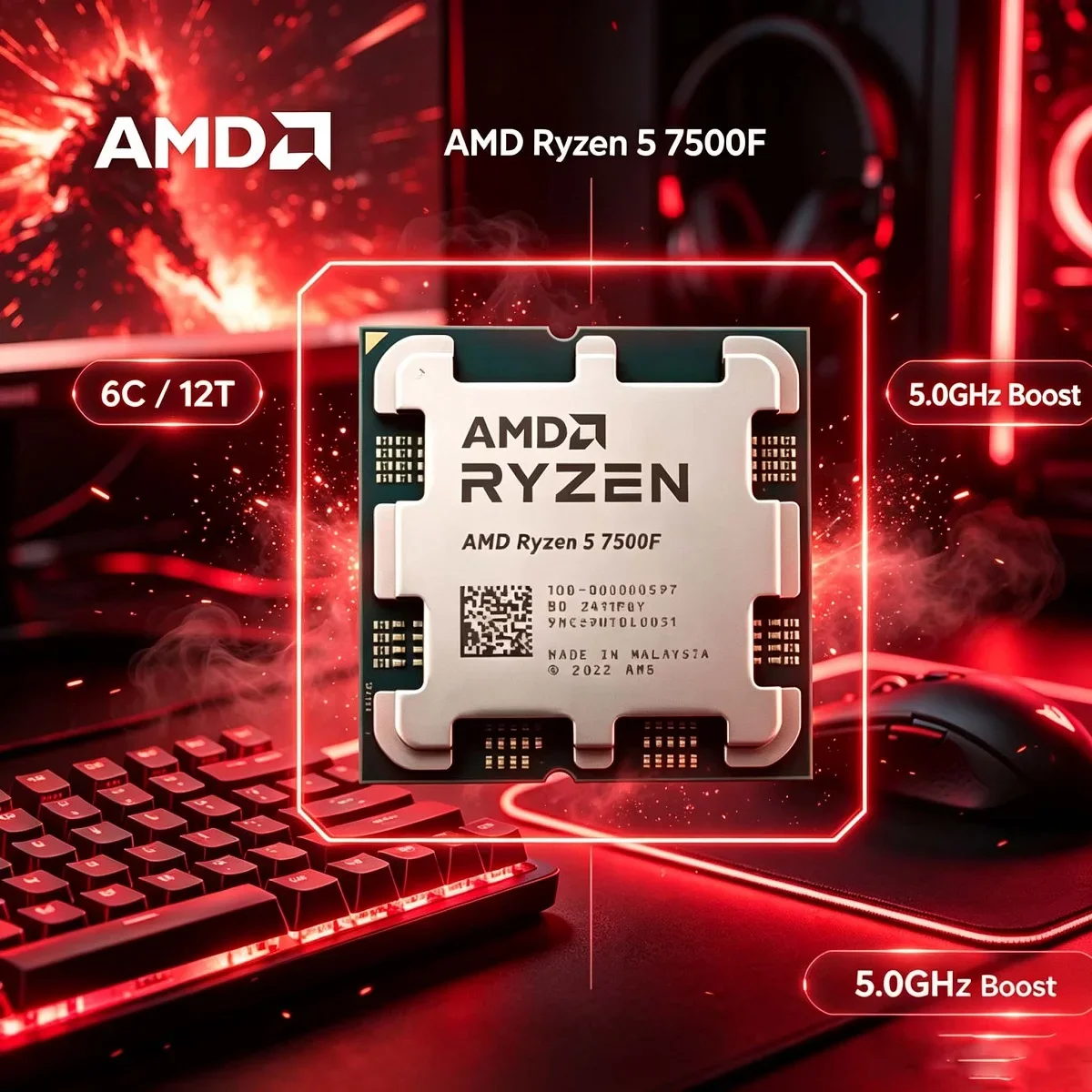 Processeur de bureau AMD Ryzen 5 7500F 6 cœurs 12 threads 3,7 GHz AM5 5 nm 32 Mo de cache L3 DDR5 Neuf en boîte d'origine