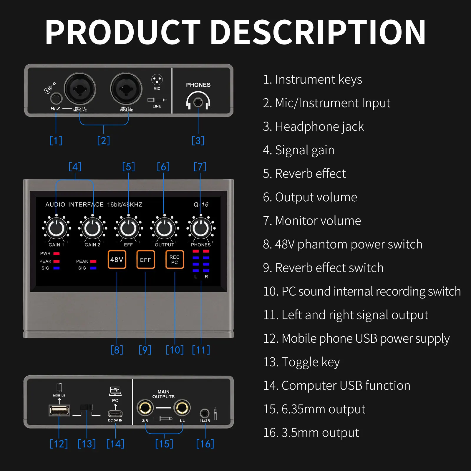 XTUGA Q16 Professional Audio Interface Mini Mono USB Sound Card with Monitoring 2Channel Audio Mixer For Beginner Studio Singing