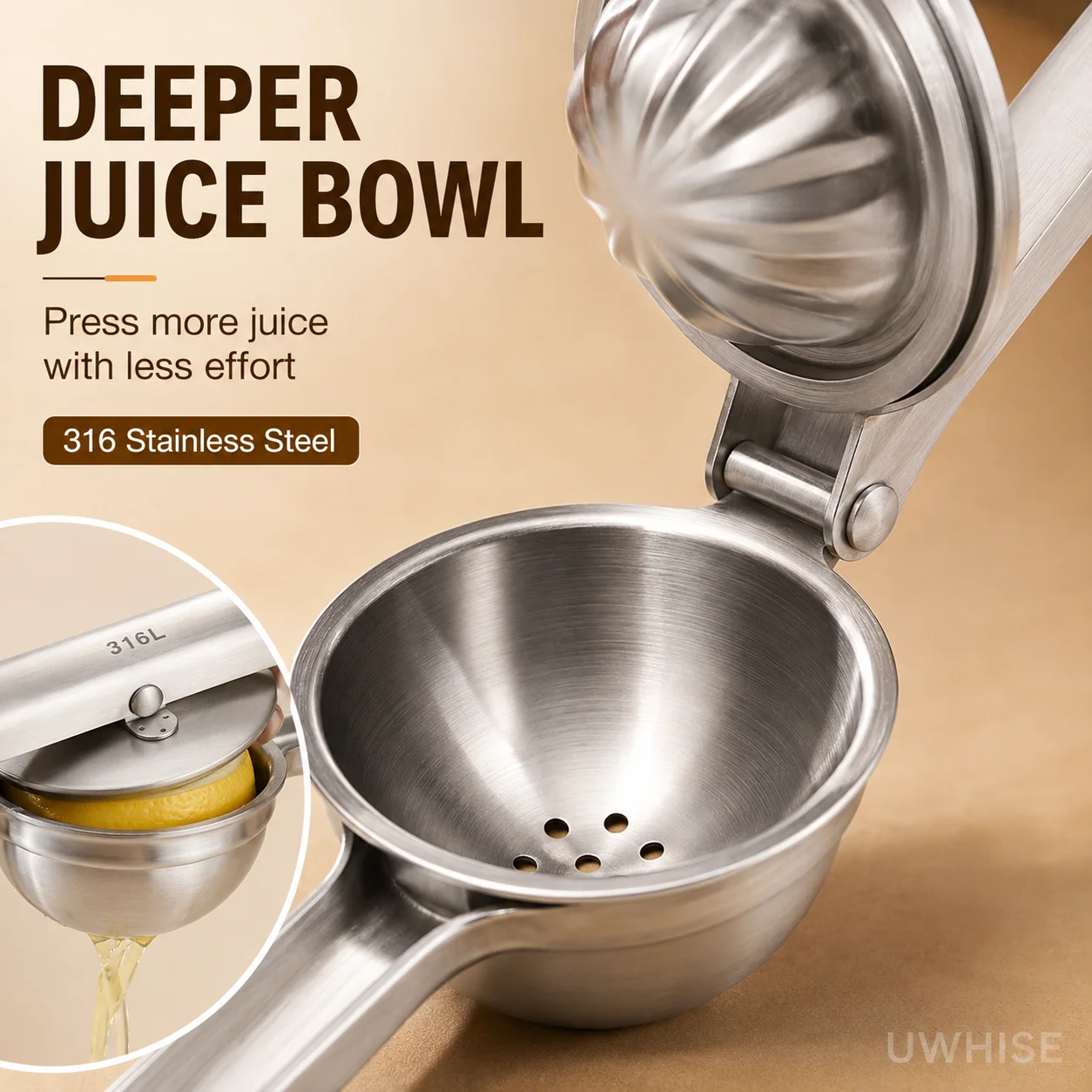 Uwhise 316L Stainless Steel Lemon Squeezer Deep Bowl Hand Press Citrus Juicer Dishwasher Safe Fruit Extractor Kitchen Tool view 2