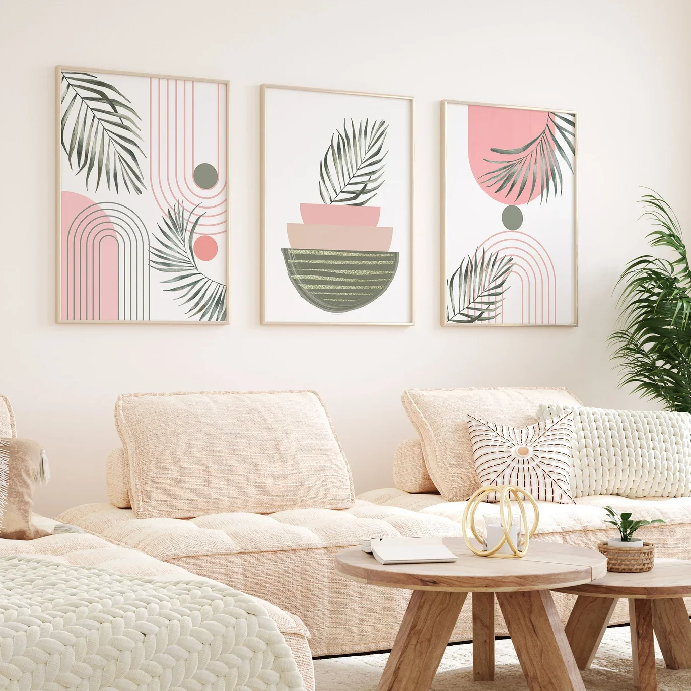 3PCS frameless decorative art print,3PCS Boho Wall Art  Modern Nordic Pink Poster  Blush Pink Art Shapes Hallway Print  Wall