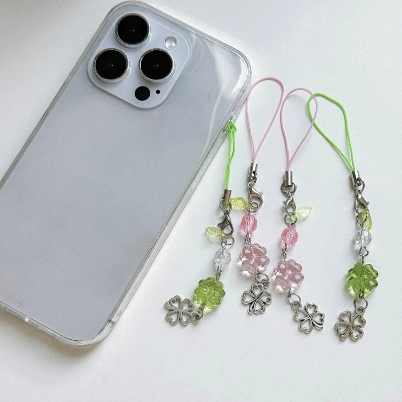 Four Leaf Clovers Bead Phone Lanyard Lucky Clovers Phone Jewelry Easy Attach Bead Accent Phone Chain Lanyard