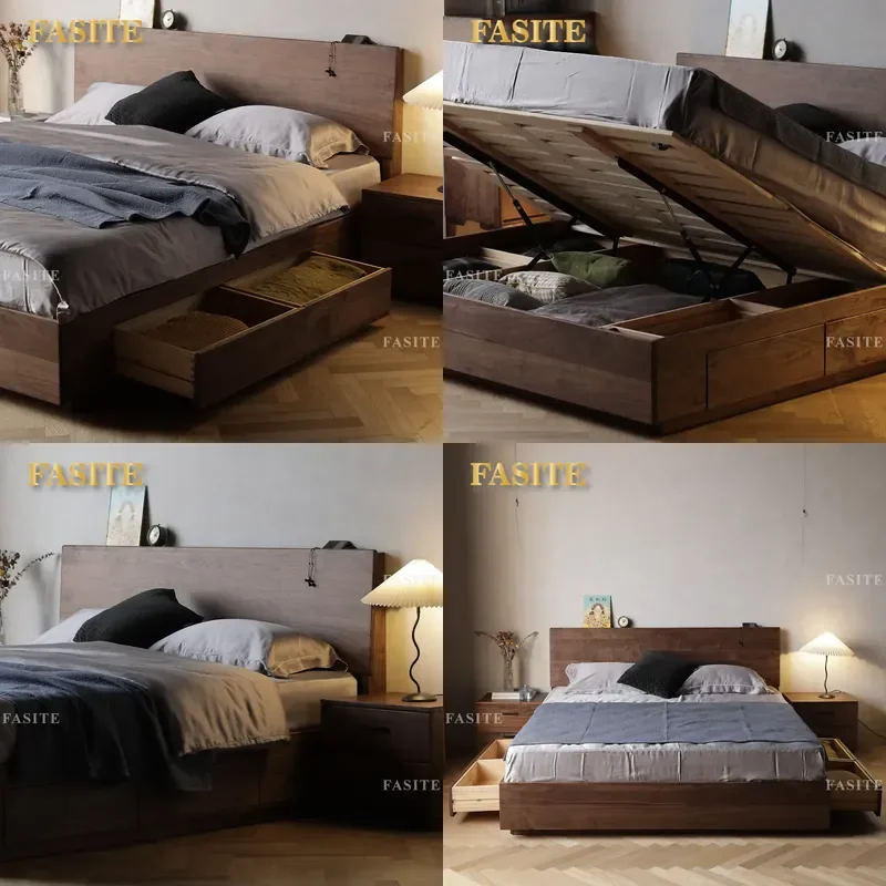 For North American Black Walnut Double Bed Simple Modern Storage Drawer Solid Wood Full Size High Box Frame Bedroom Furniture