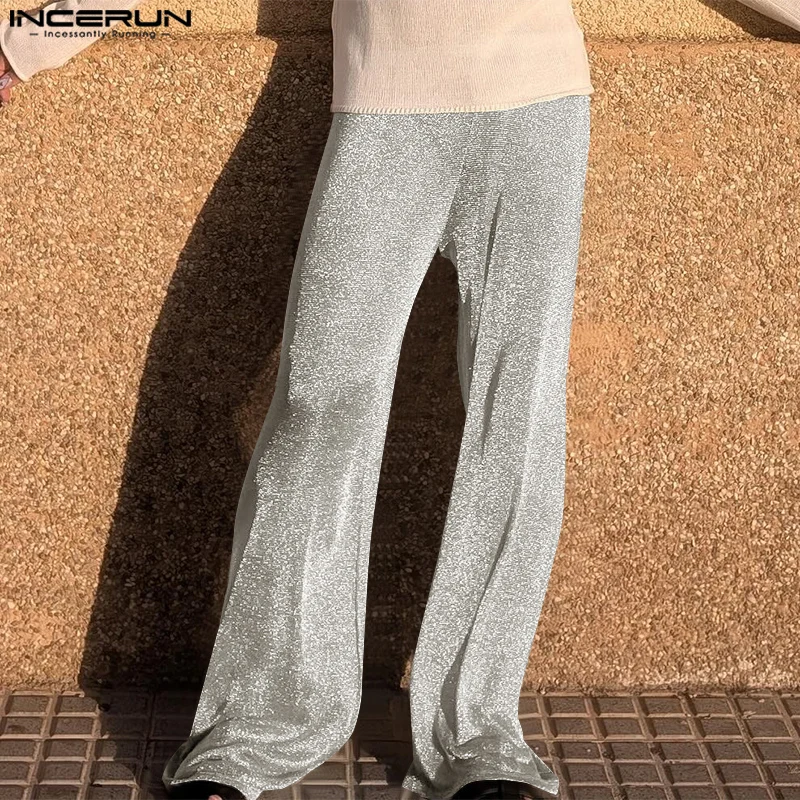 Casual Flash Of Light Maxi Trousers 2024 Men American Fashion Long Pnats INCERUN Elastic Waist Eleagnt Simple Wide Leg Bottoms