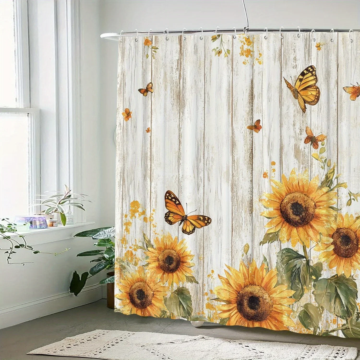 Sunflower and butterfly pattern, artistic graphic print, machine washable bathroom curtain - animal themed decorative accessory