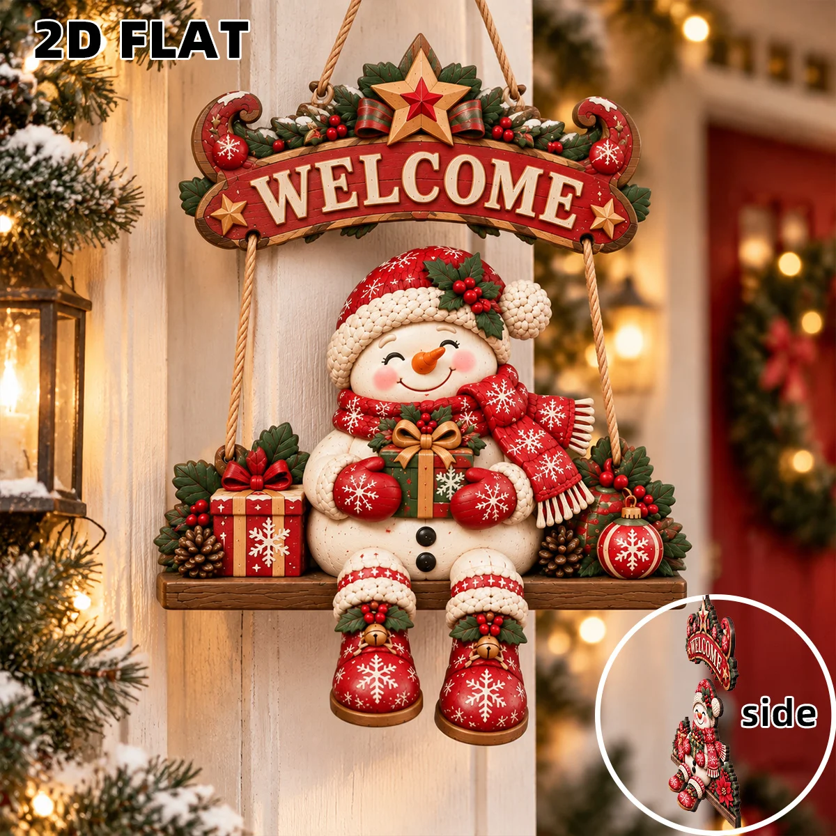 2D Wooden Christmas Plaque, Retro Rustic Swing Snowman Welcome Sign, Tabletop Home Decor, Holiday Gift