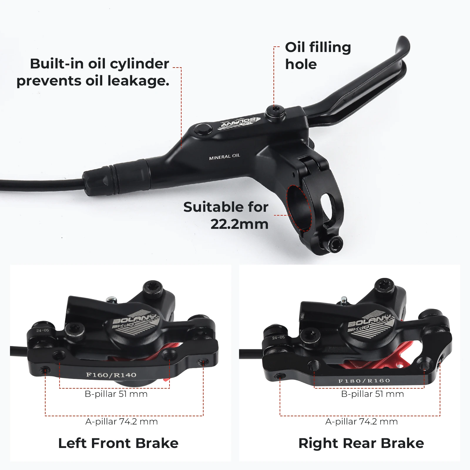 BOLANY 160mm Mountain Bike Hydraulic Disc Brakes Set Front Rear Brake Caliper Bicycle Oil Pressure 800/1500mm