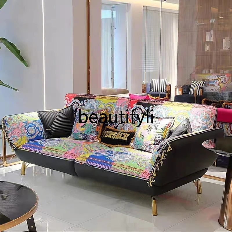 

Fabric Sofa Italian Light Luxury Villa Large Flat Stainless Steel Embroidered Living Room Furniture