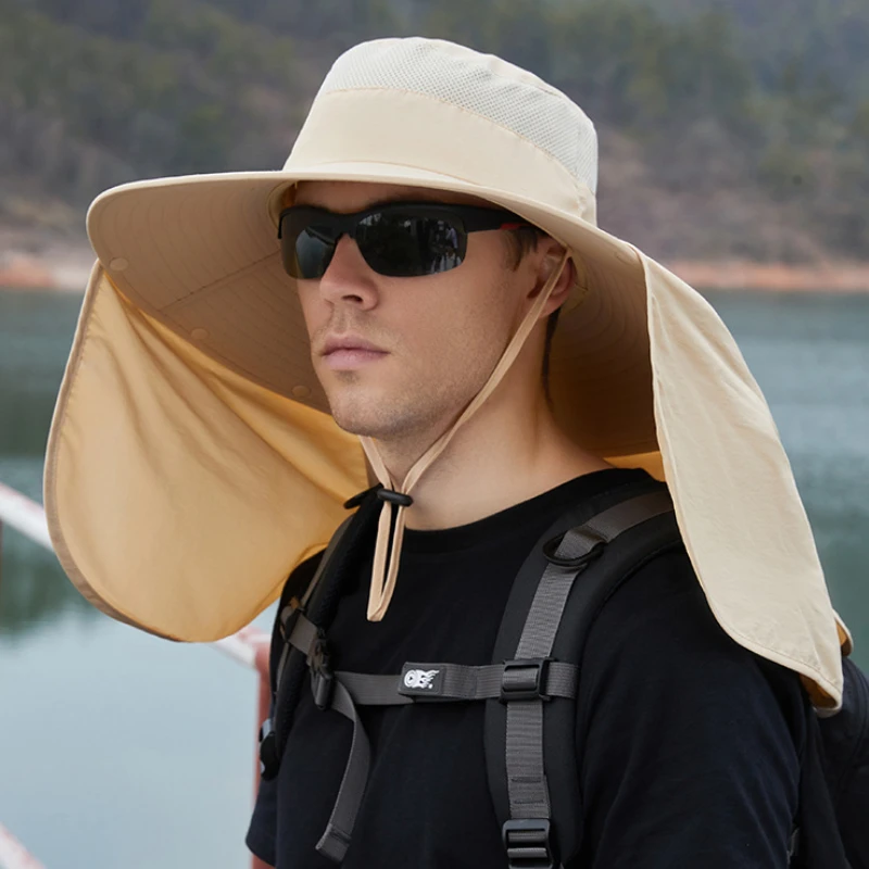 Unisex Bucket Hat with Shawl Waterproof Outdoor Hiking Fishing Cap Removable Big Eaves Face Neck Protection Sunscreen Caps Men