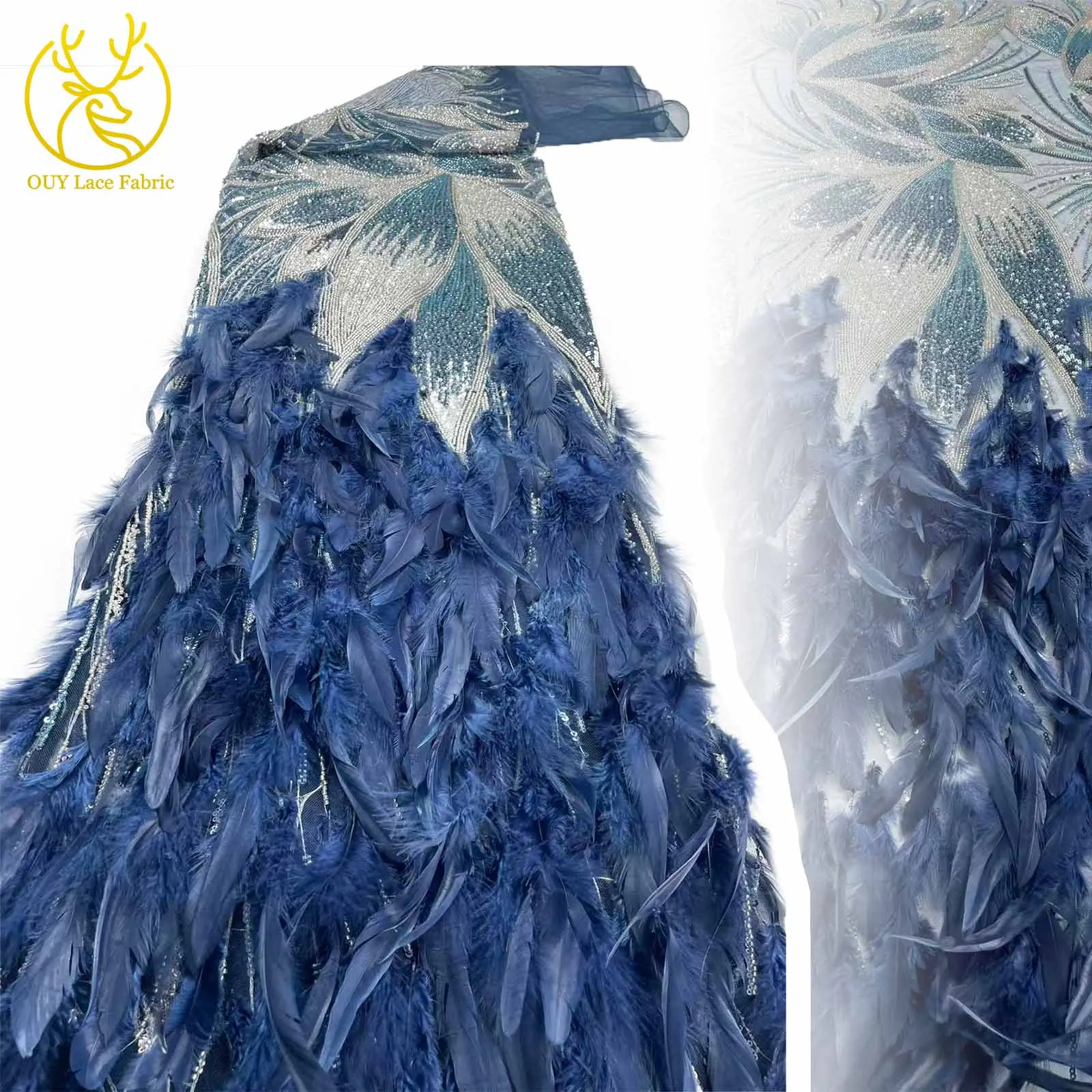 

3D Feather Latest European Blue Exquisite Bridal Wedding Wedding Dress Fabric 2025 France Nigeria Beaded Sequin Lace Fabrics