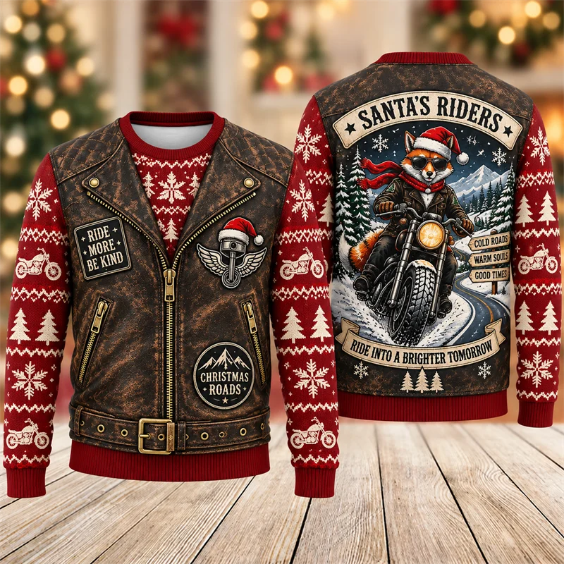 Vintage Christmas Biker 3D Print Sweater Men Motorcycle Santa Reindeer Snowman Crewneck Ugly Xmas Pullover Holiday Party Top