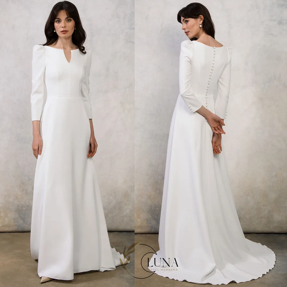 Luna Customized V-Neck Long Sleeves Soft Satin Wedding Dress for Women 2026 Minimalist Slim-Fit Brides Dress vestidos de novia