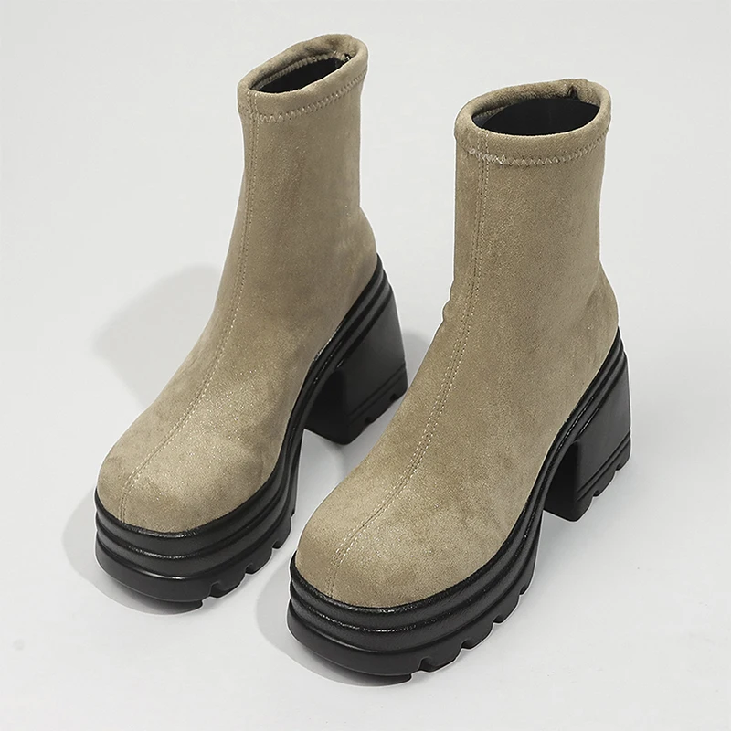 Wildleder-Plateau-Damen-Stiefeletten mit hohen Absätzen, klobige modische Schuhe für Damen, 2025, Trend Winter, neue Designer-Gothic-Damen-Chelsea-Stiefel