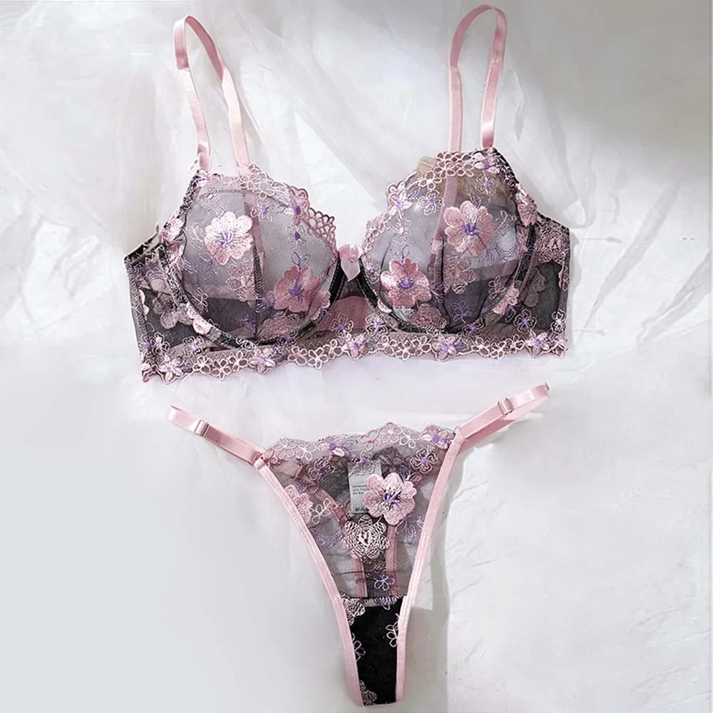 Women's Floral Embroidery Lingerie Set Sheer Mesh Underwear Bow Underwire Bra Thong Set 2 Pieces Ultrathin Honeymoon Intimates