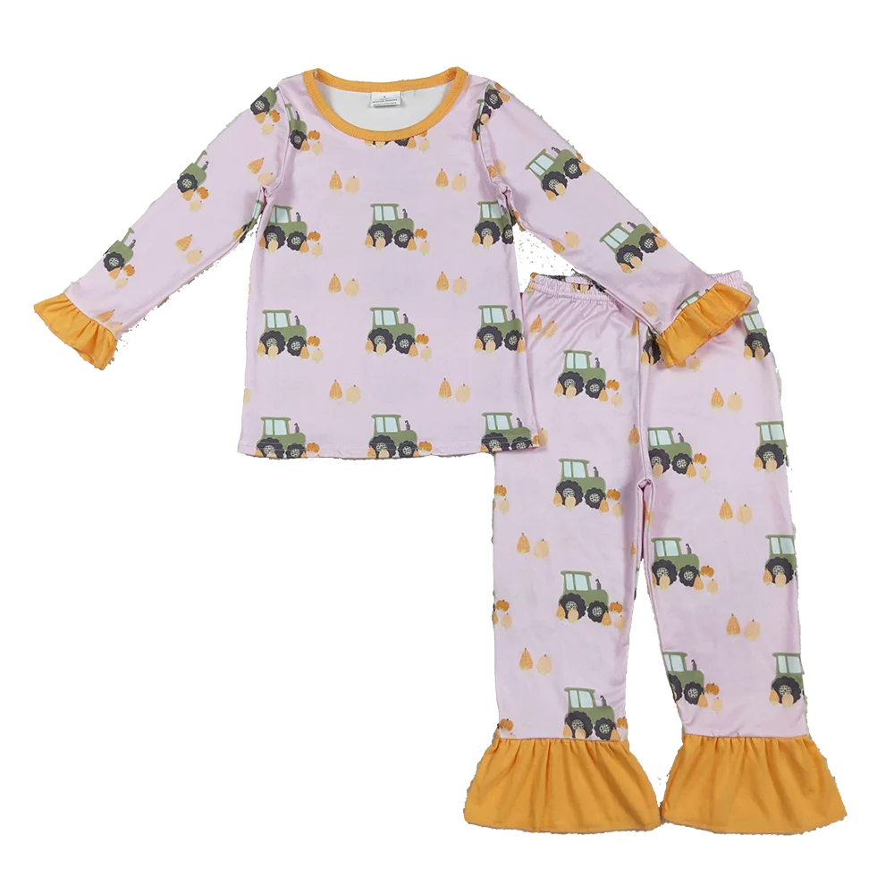 

Розовые пижамные комплекты с длинными рюшами и рукавами для маленьких девочек, топ и брюки с тыквой для грузовиков