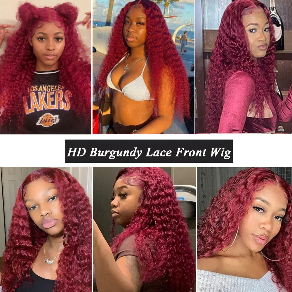 

Wigs Human Hair Burgundy Kinky Curly Glueless Wigs Human Hair for Women 13x4 Black HD Lace Wig 99J 100% Human Hair Wear and Go